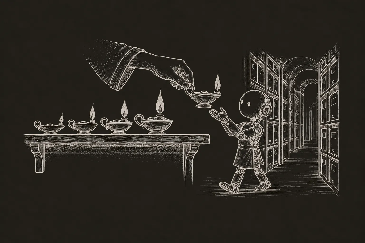 A fine black ink engraving of five oil lamps on a shelf, their wicks trimmed from a tiny flame on the left to a tall bright flame on the rig