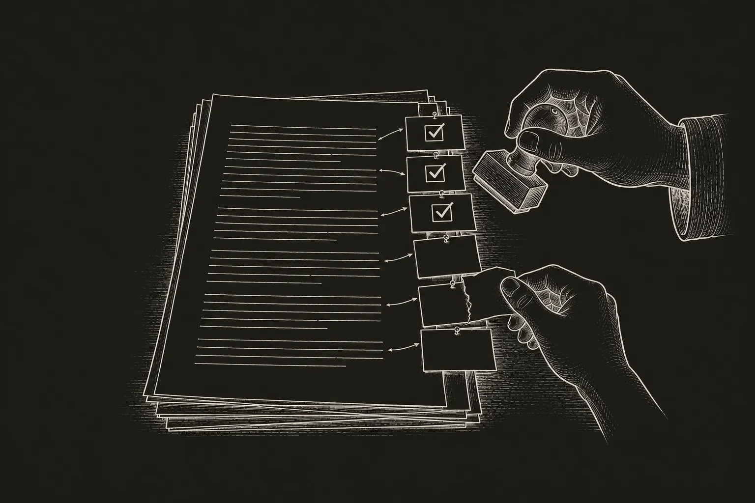 A fine black ink engraving of a manuscript page with a column of small paper cards pinned along its margin, each card pointing to the senten
