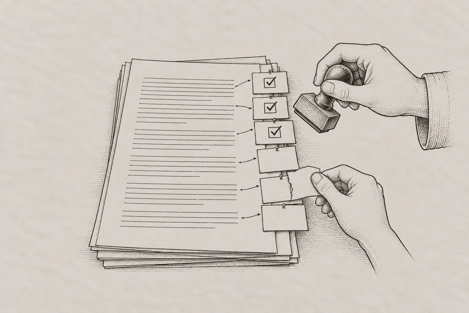 A fine black ink engraving of a manuscript page with a column of small paper cards pinned along its margin, each card pointing to the senten