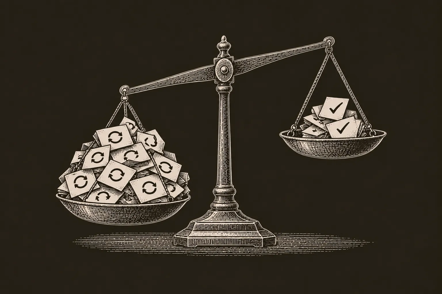 A balance scale in fine black ink engraving: one pan sits low under a heap of ballot slips each marked with a circular reset arrow and the n