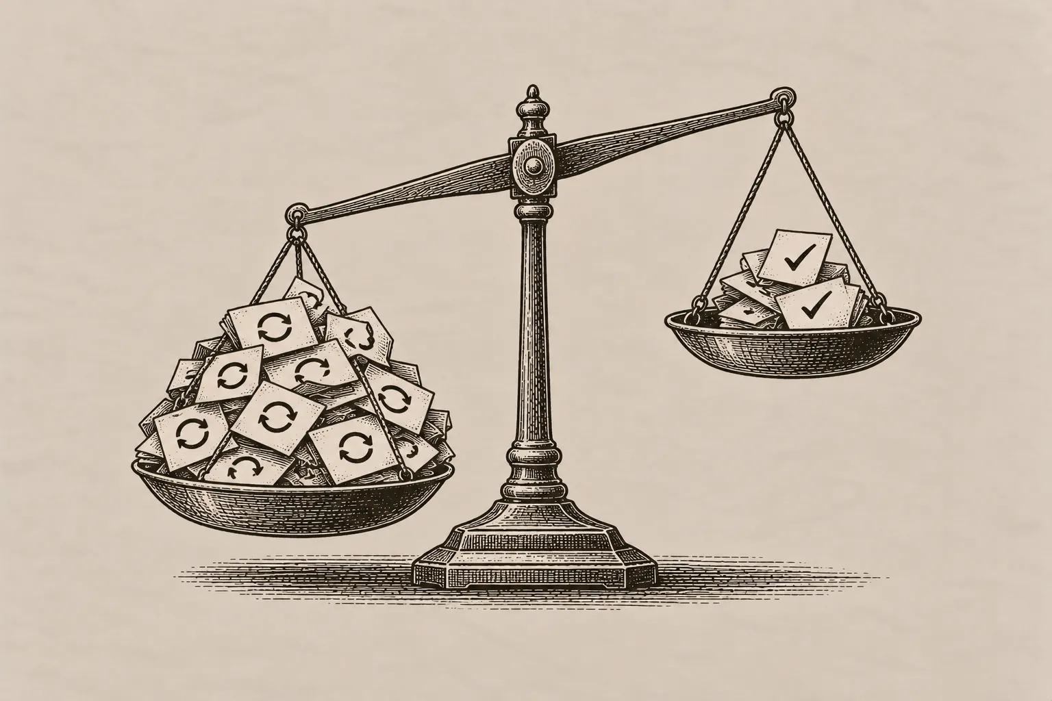 A balance scale in fine black ink engraving: one pan sits low under a heap of ballot slips each marked with a circular reset arrow and the n