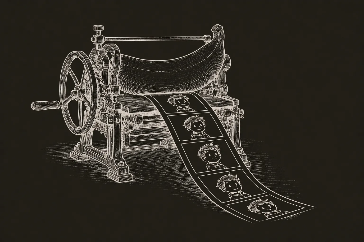 A fine black ink engraving of a nineteenth century printing press whose great roller is a giant banana. Out of the press runs one very long,