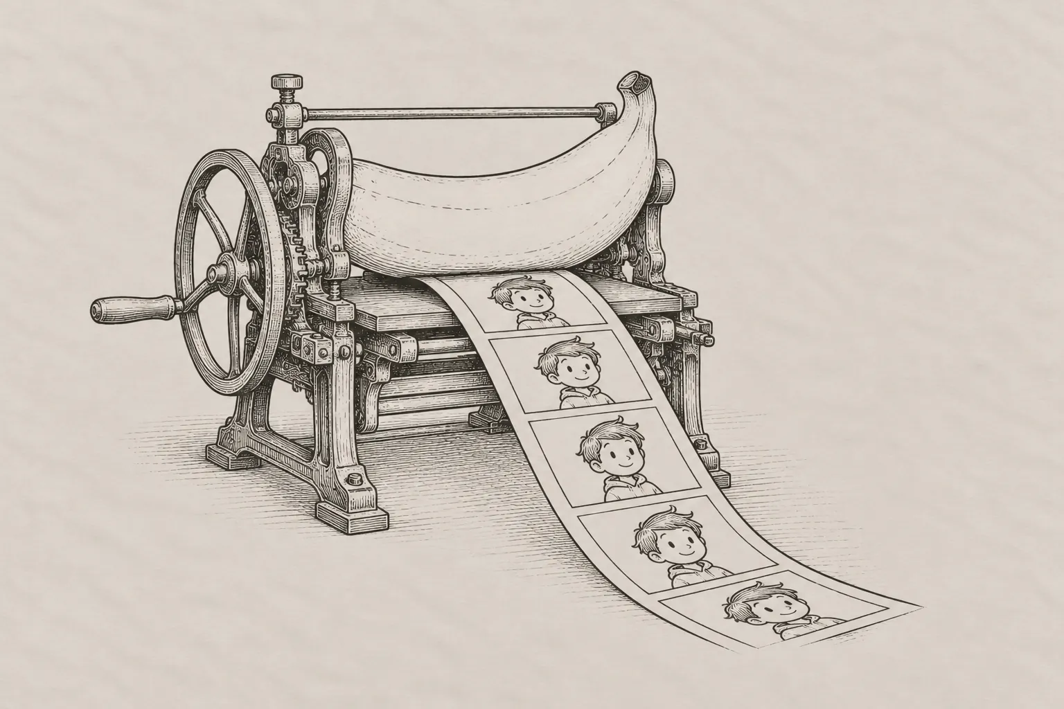 A fine black ink engraving of a nineteenth century printing press whose great roller is a giant banana. Out of the press runs one very long,