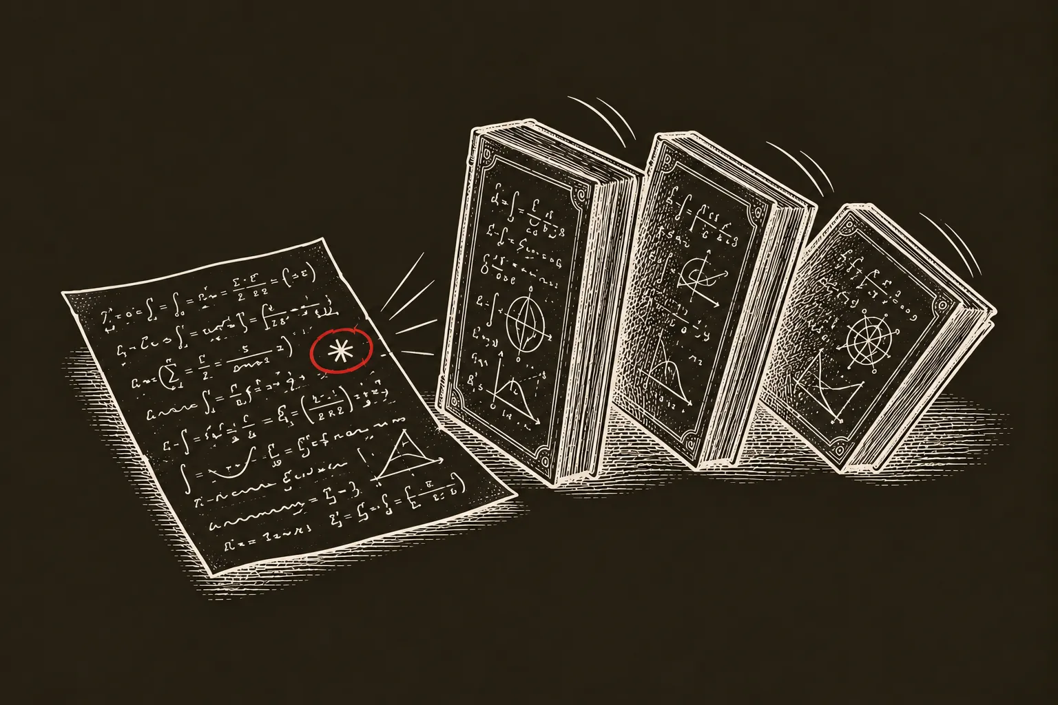 A single page of handwritten algebra with one minus sign circled in ink, from which three standing manuscripts topple like dominoes, each fa
