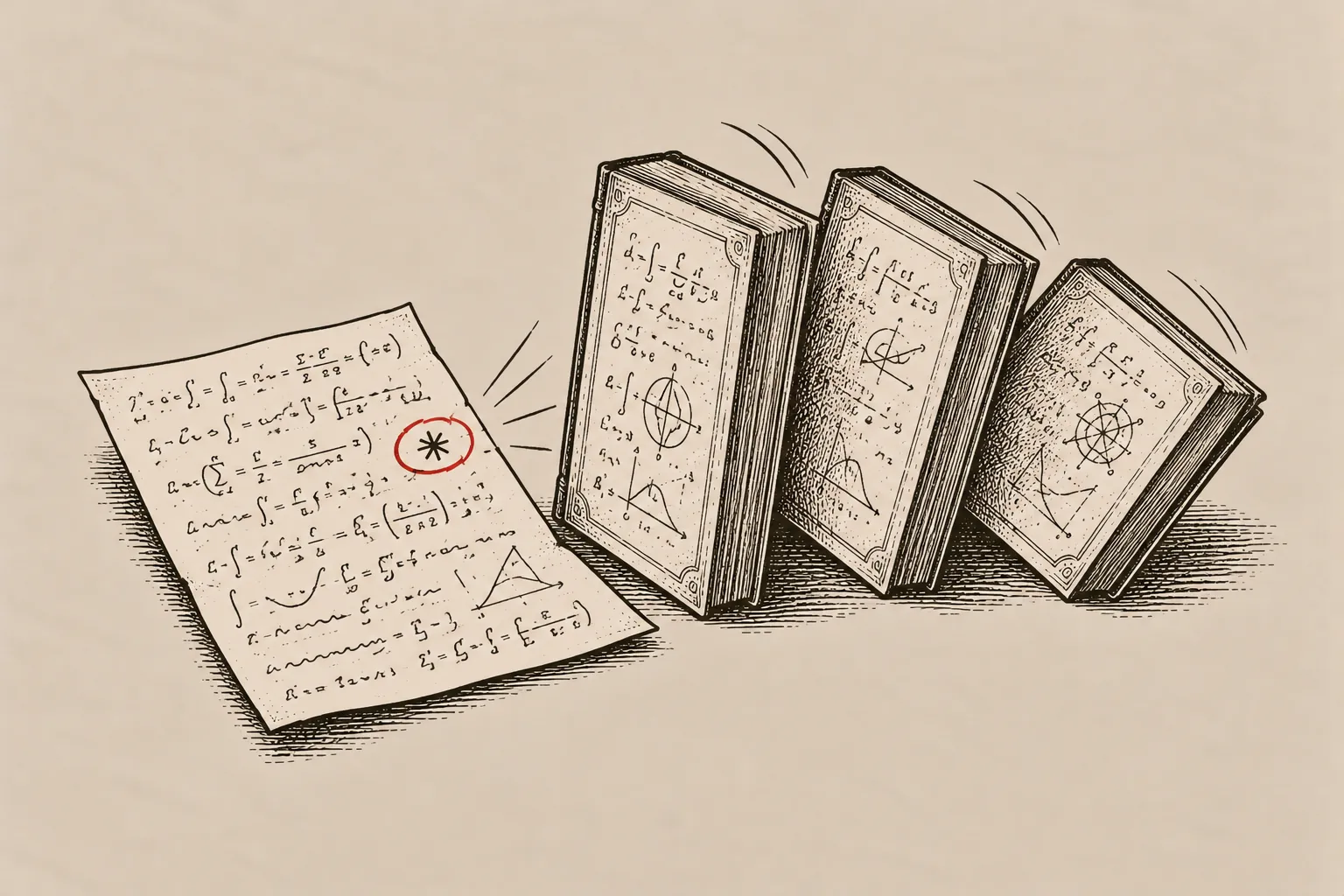 A single page of handwritten algebra with one minus sign circled in ink, from which three standing manuscripts topple like dominoes, each fa