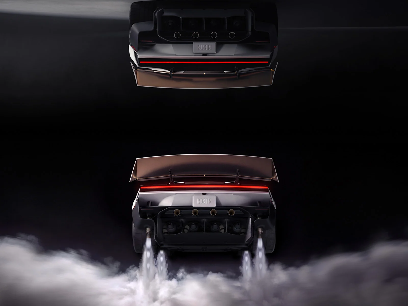The rear of the Tesla Roadster with its cold gas thrusters firing at the ground