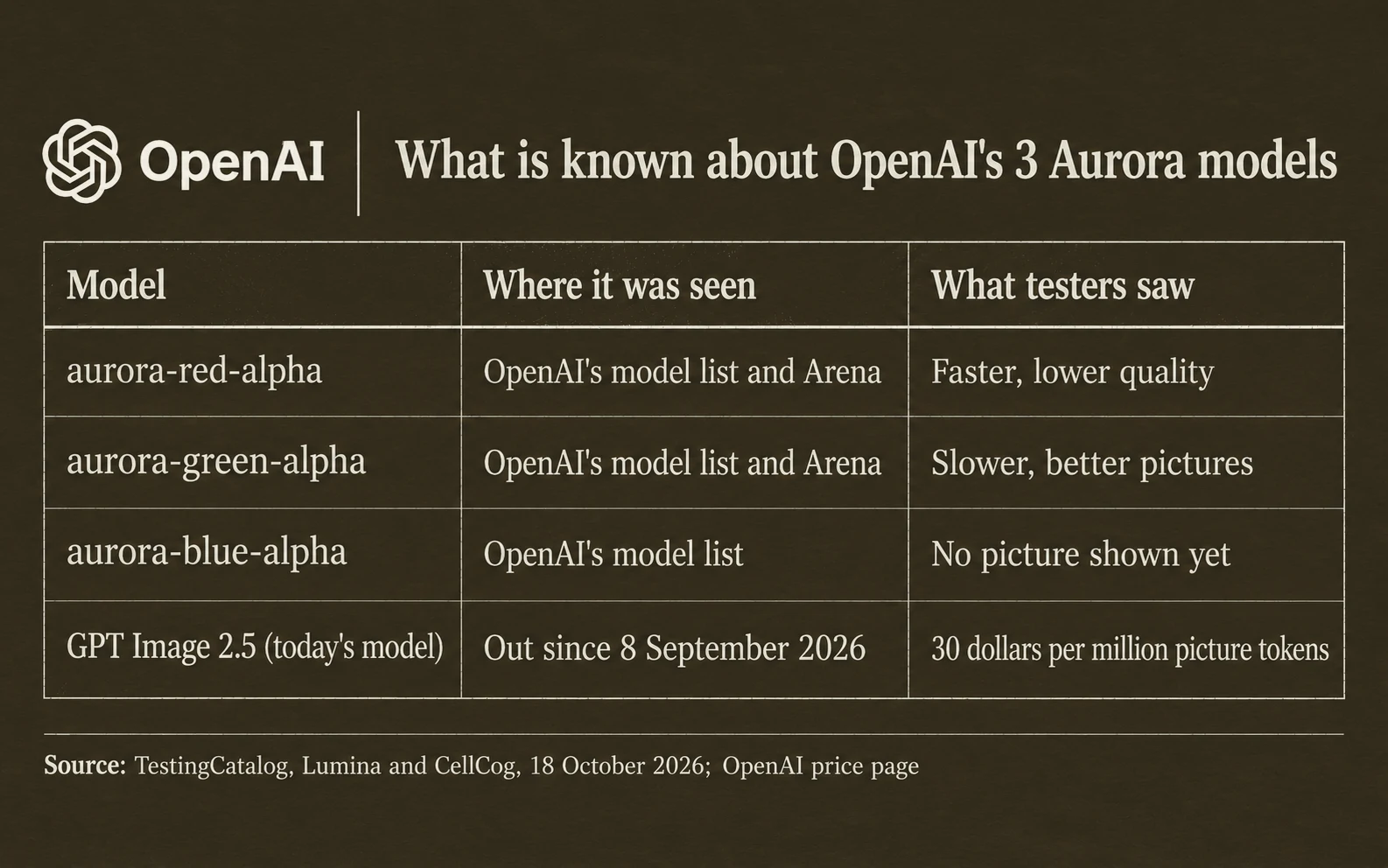 What testers saw of OpenAI's 3 Aurora models: red, in OpenAI's model list and on Arena, faster with lower quality; green, in the list and on Arena, slower and better; blue, in the list, no picture shown yet; today's GPT Image 2.5, out since the 8th of September, 30 dollars per million picture tokens