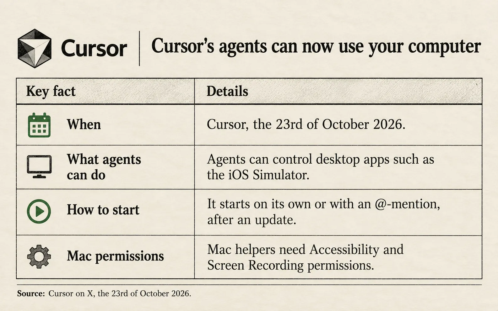 What Cursor's Computer Use needs on a company Mac: an update to Cursor, the Accessibility permission for the mouse and typing, the Screen Recording permission for screenshots, Mac and Linux systems, and no published price