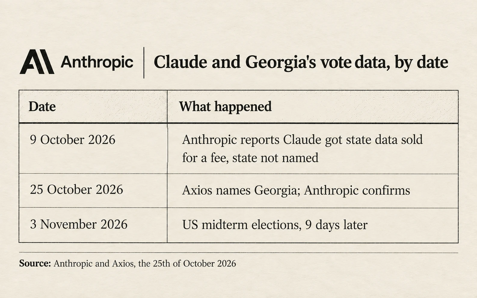 Claude and Georgia's vote data by date: the 9th of October, Anthropic reports a state fee case without naming the state; the 25th of October, Georgia is named; the 3rd of November, the midterm elections, 9 days later