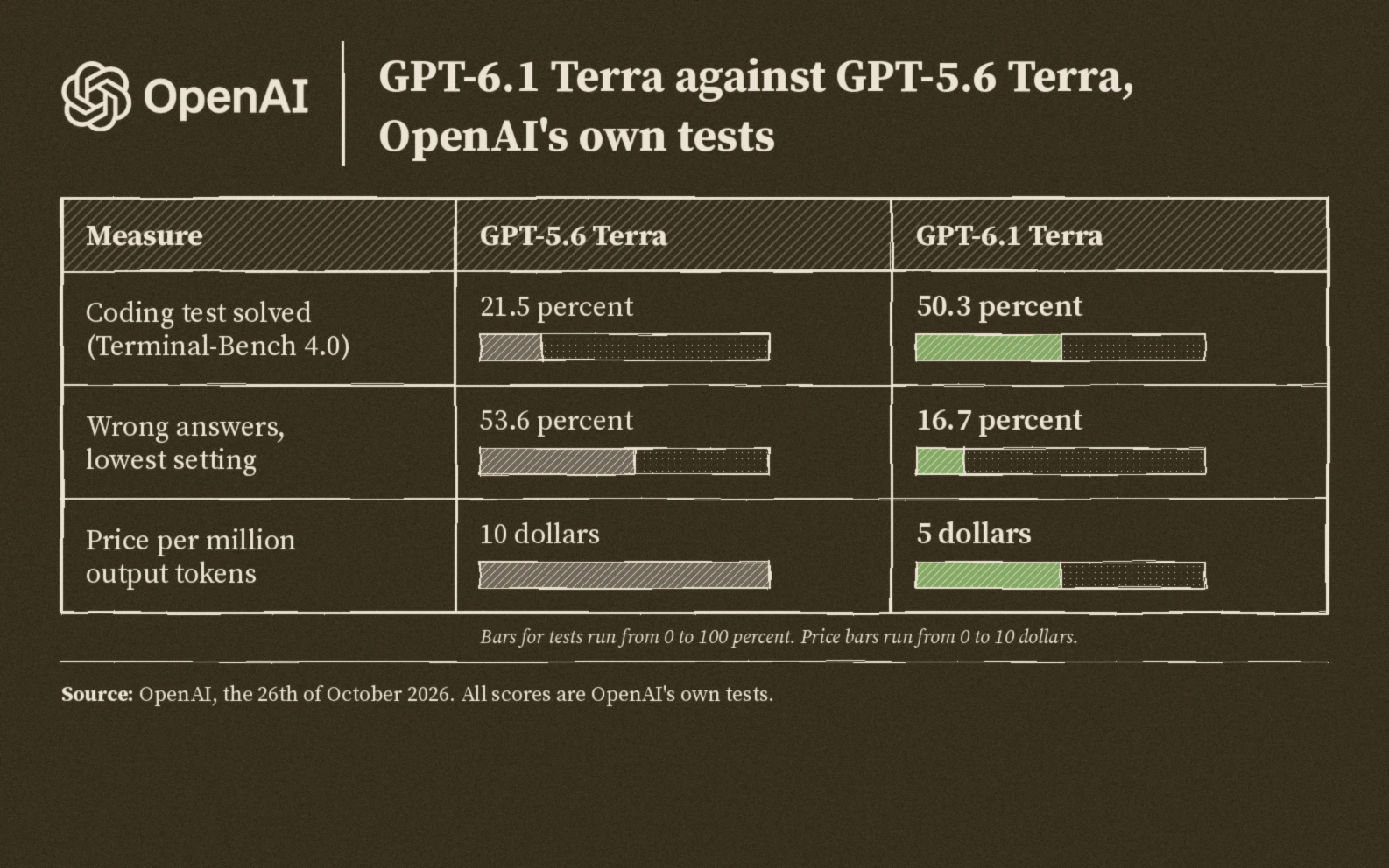 GPT-6.1 Terra against GPT-5.6 Terra: coding test fifty point three percent against twenty one point five percent, wrong answers sixteen point seven percent against fifty three point six percent, price per million output tokens five dollars against ten dollars